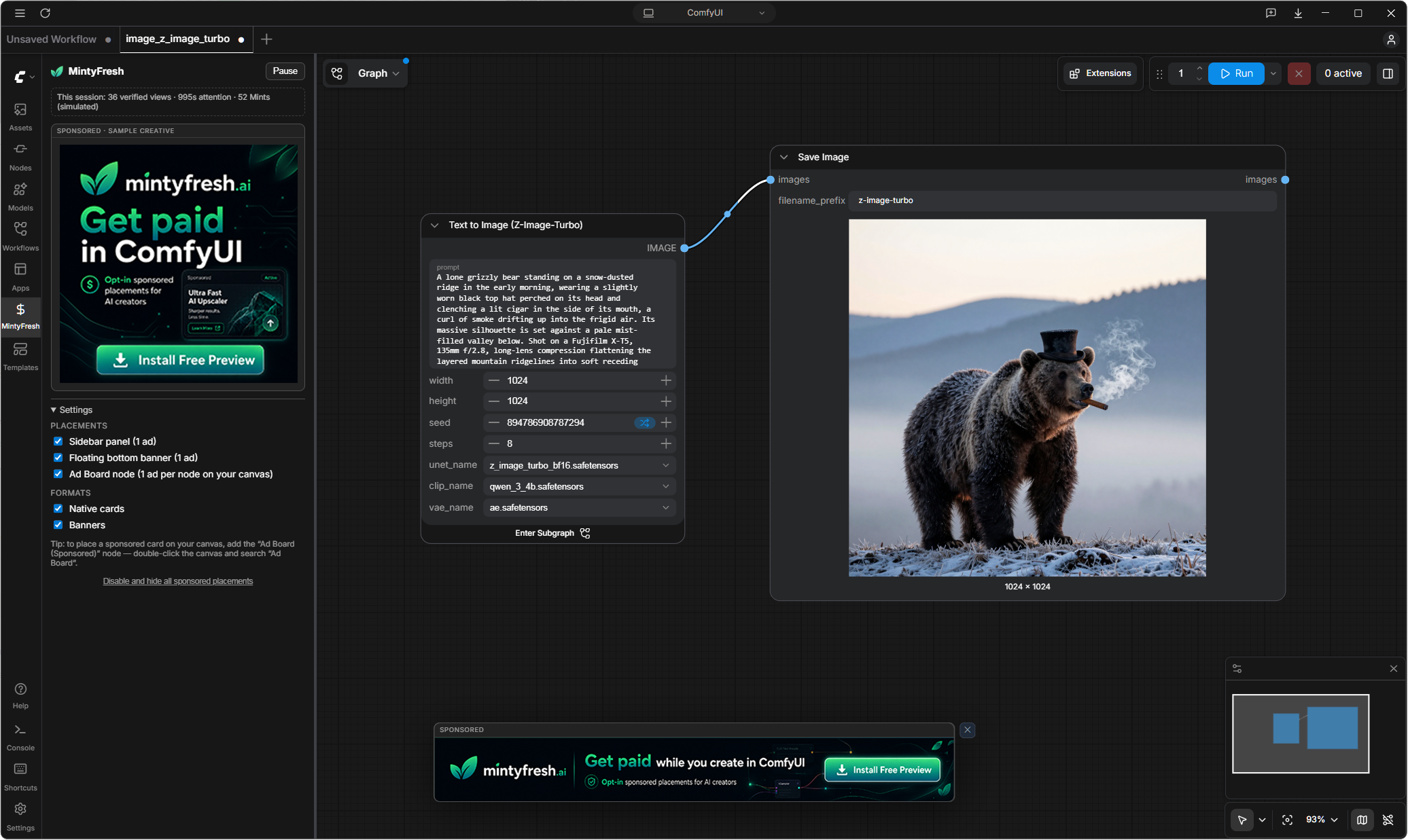 The MintyFresh plugin running inside ComfyUI — a clearly labeled sponsored placement in the sidebar and a bottom banner, alongside a generated image.